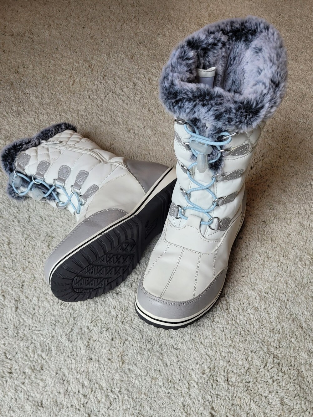 Totes womens Slip-on Waterproof Snow & Rain Boots Anchor Gray With Ice Blue Fur